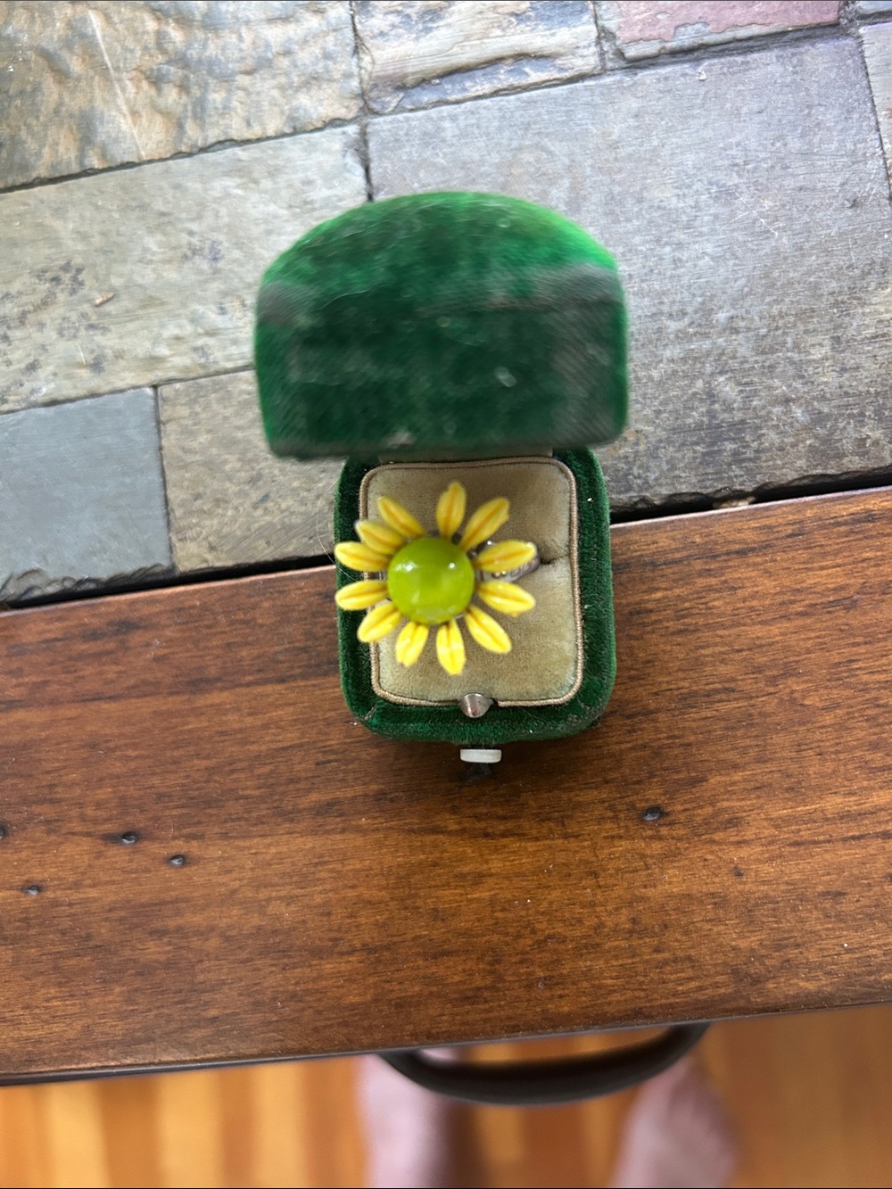 Yellow Daisy Ring with Green Center - Women’s Floral Statement Ring